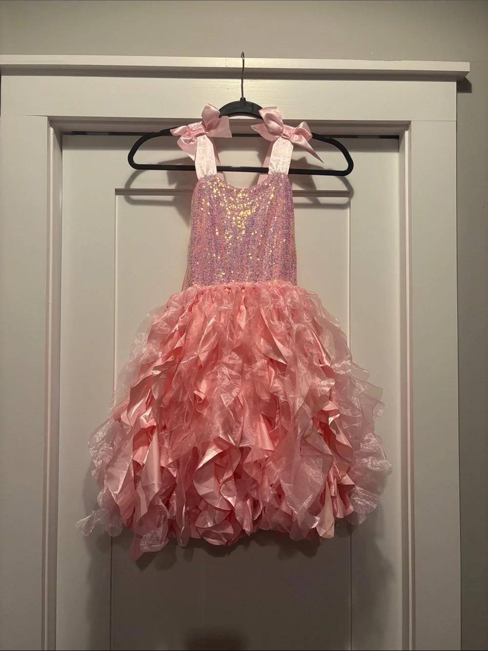 Pink Sequin Ruffled Tulle Dance Costume Dress with Ribbon Ties